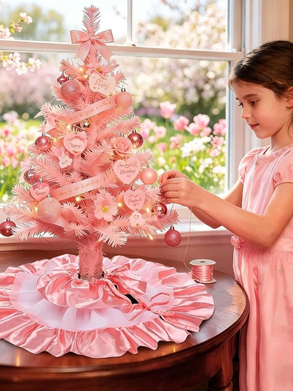 24 Inch Pink Pastel Tulle Tree Skirt, Small Ruffle Fall Tree Skirt for Tabletop
